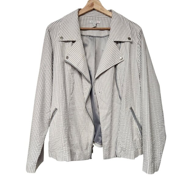 Isaac Mizrahi Live! Size 22W Seersucker Motorcycle Jacket Gray White Striped - Picture 3 of 6